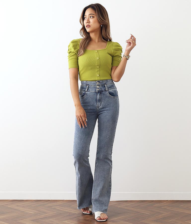 リブフロントボタンパワーショルダートップスカットソー(トップス  