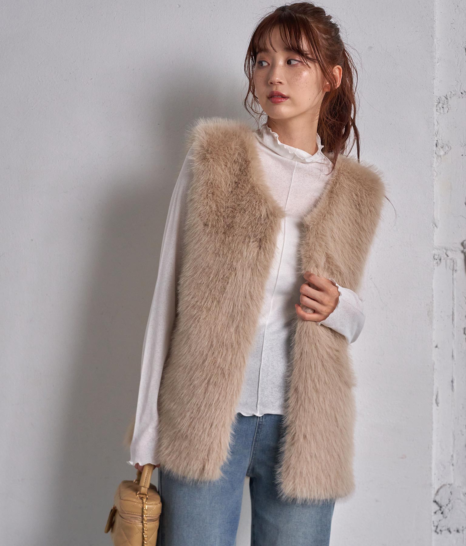 美品 ANAYI ケーブルニット ダウンベスト フォックス ファー グレー